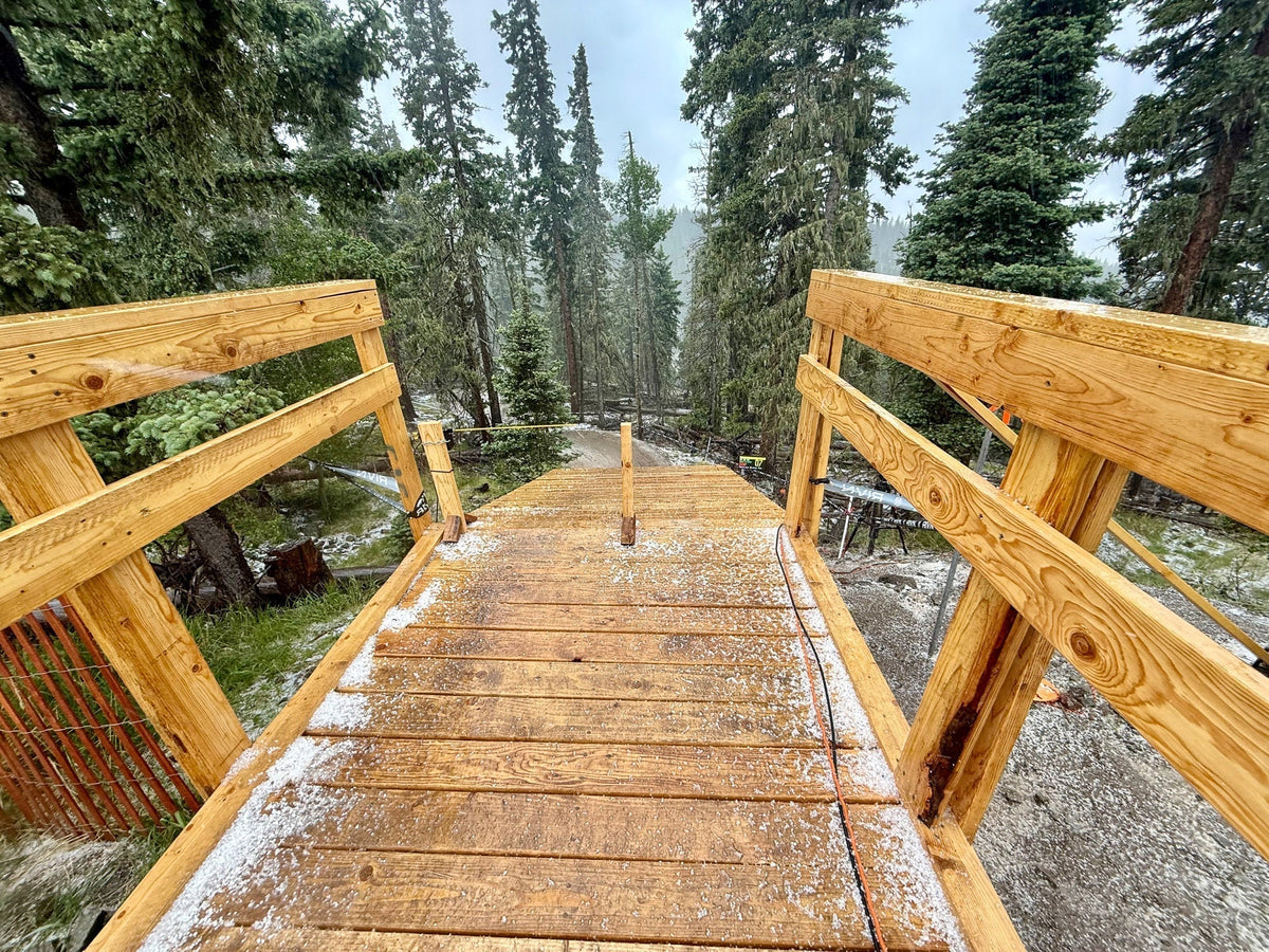 The Mountain States Cup downhill start ramp at Angel Fire Bike Park after a summer hailstorm.